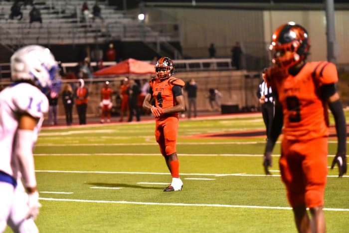 Del City's Braelon Adamah (4) lines up during the Eagles' Class 5A quarterfinal playoff against Guthrie on Nov. 17, 2023.